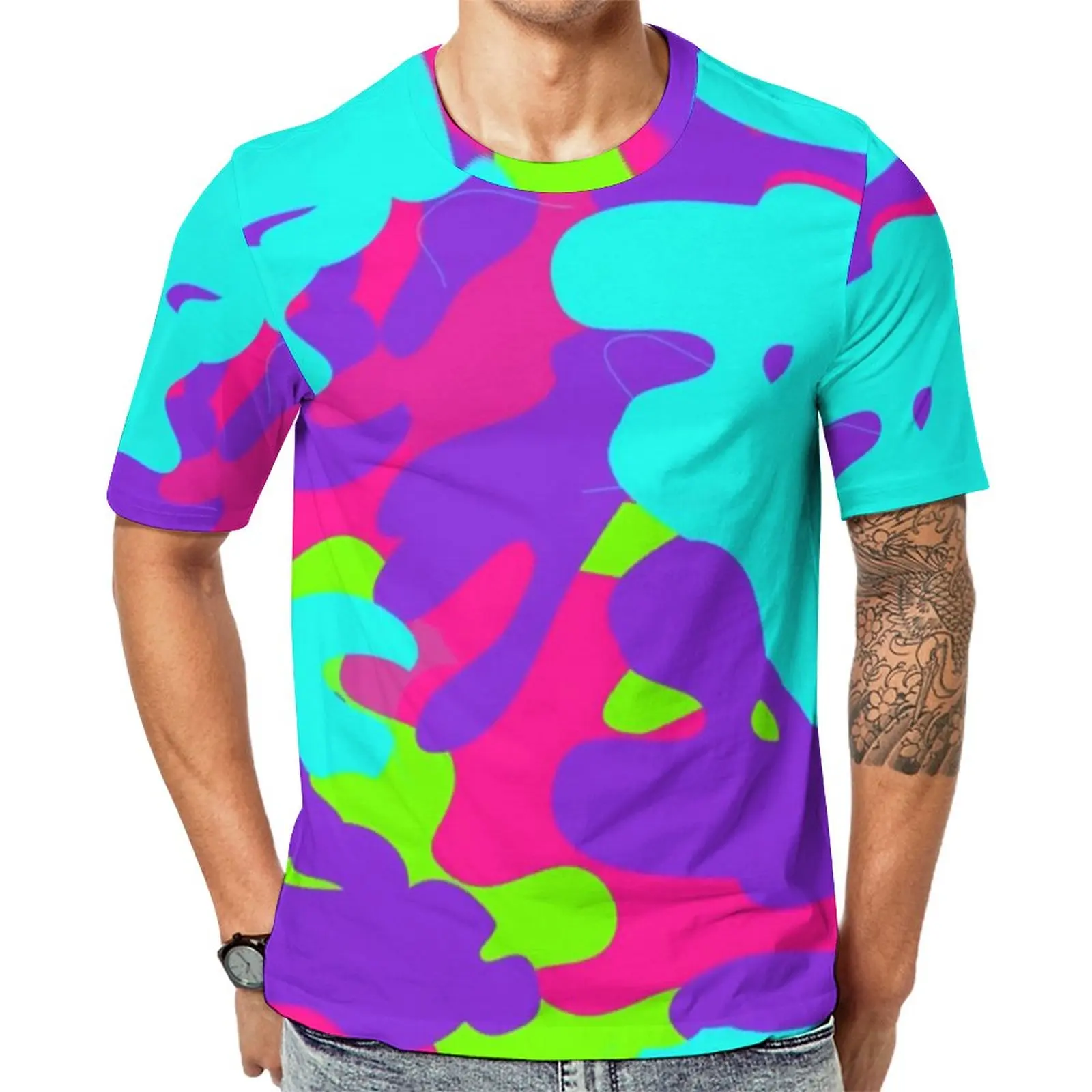 

Neon Camo T-Shirt Men Camouflage Print Streetwear T Shirts Summer Hippie Tee Shirt Short-Sleeve Graphic Oversized Clothing