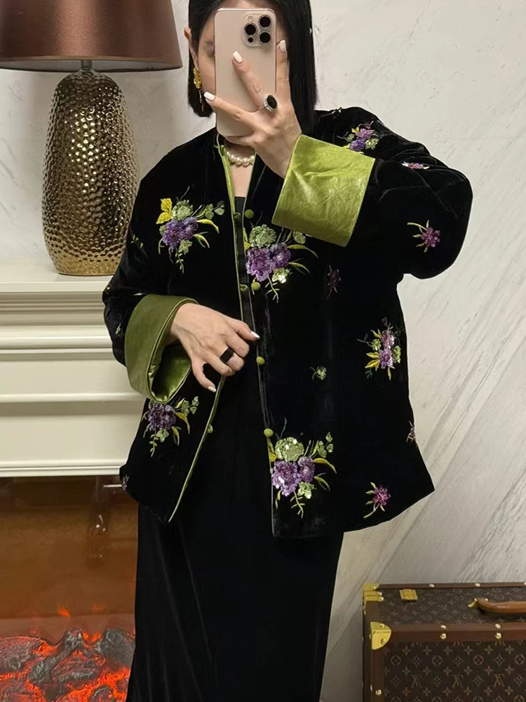 Новое зимнее пальто из шелка + бархата новый китайский стиль с вышивкой бисером