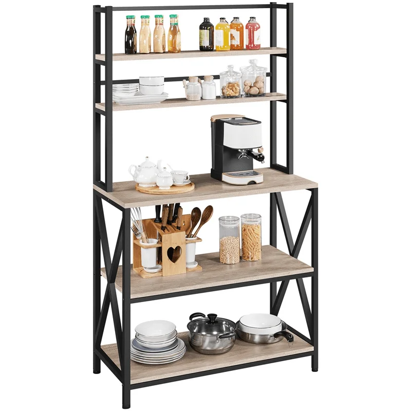 

5-Tier Industrial Wood Baker’s Rack Storage Shelf for Kitchen, Gray