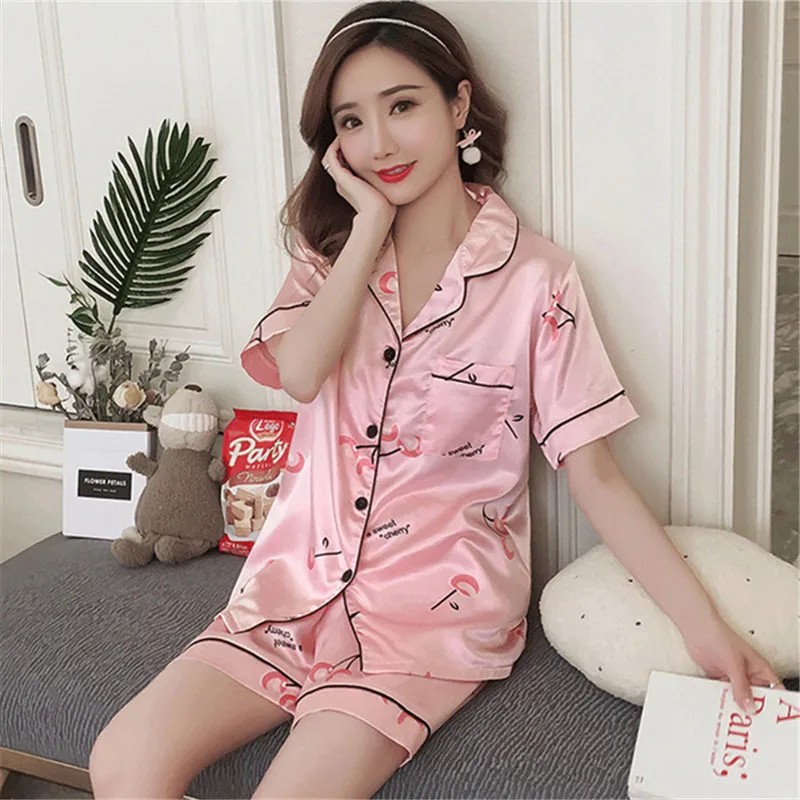 2pcs Women Pajamas Two Piece Set Summer Satin Cardigan Double Short Printed Cropped Shorts Homewear Sexy Nightwear Silk Pajamas
