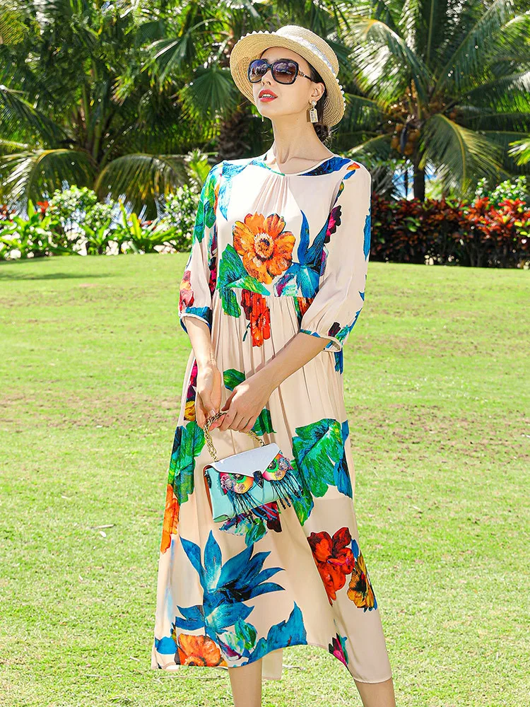 

2022 New Print Chiffon Loose Waist Midi Dress Spring Summer Boho Fashion Light Beach Sundress Women Korean Elegant Party Dresses