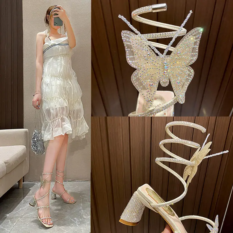 

Women's Sandals Summer Bow Thick-heel Roman Crystal Women's Shoes Mid-heel Rhinestone Snake-shaped Winding Women's High Heels