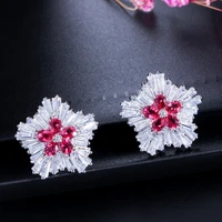 cwwzircons korean new fashion brand jewelry rose red cubic zirconia crystal flower christmas earrings presents for women cz179
