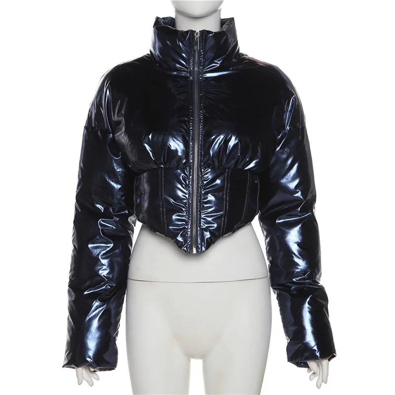 Sunny Warmth PU Bubble Coat Women Winter Casual Zip Turtleneck Quilted Skinny Wild Streetwear Cotton-Padded Puffer Parkas