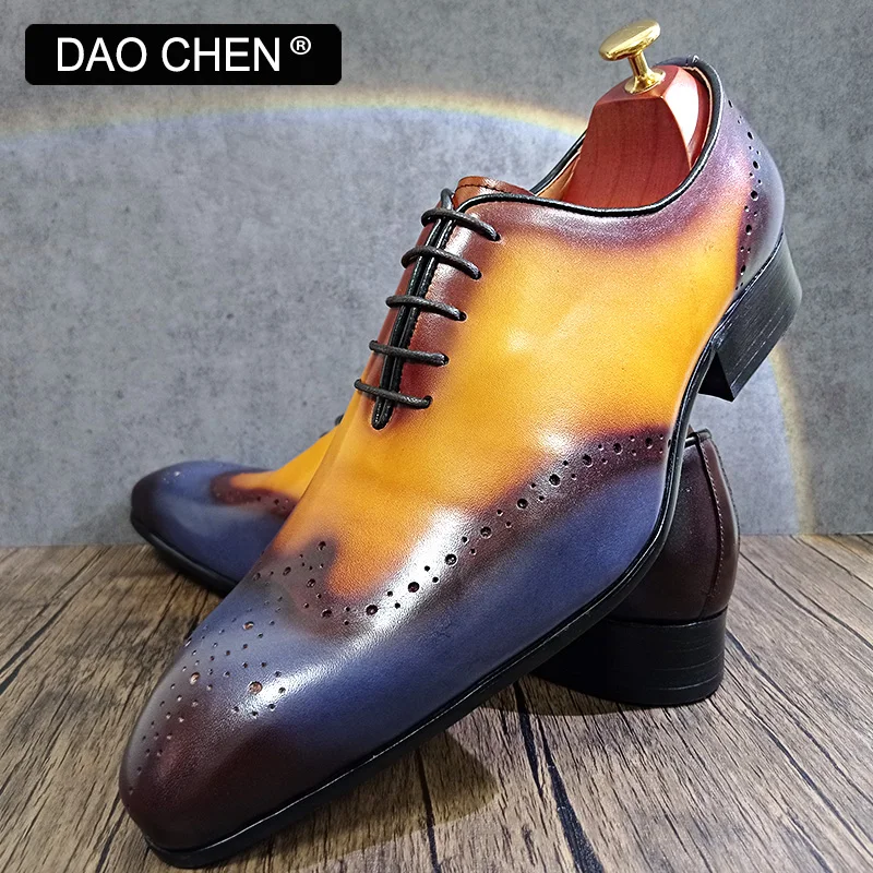 LUXURY DESIGNER MEN'S OXFORD SHOES BLACK MIX COLOR CASUAL MEN DRESS SHOES LACE UP POINTED TOE POLISH REAL LEATHER SHOES FOR MEN