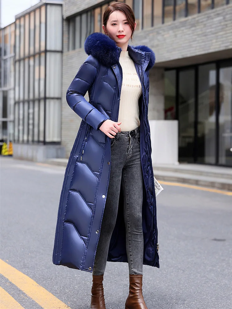 New Women Wash Free Glossy Surface Down Coat Winter Fashion Warm Real Fox Fur Collar Long Thicken Slim Down Jacket Ankle-Length