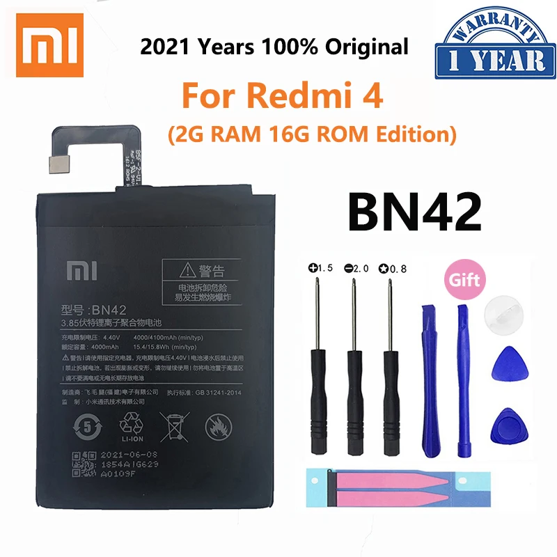 

100% Original Xiao Mi Replacement 4100mAh Phone Battery BN42 For Xiaomi Redmi Hongmi 4 Redmi4 2G RAM 16G ROM Edition Batteries