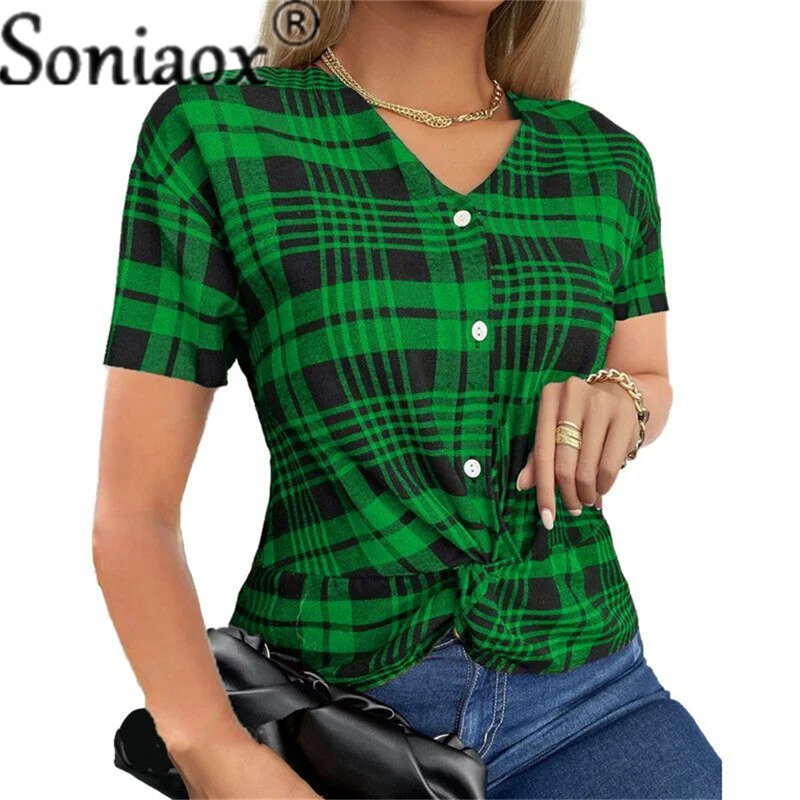 Женская блузка с коротким рукавом V-образным вырезом и принтом в клетку |