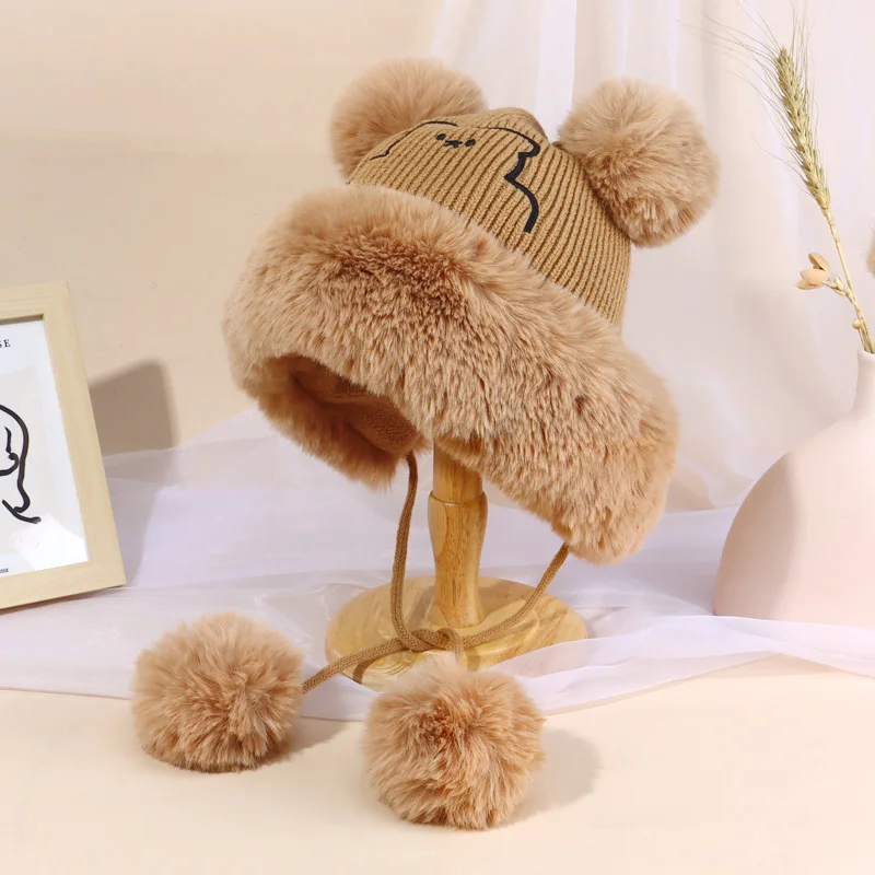 Зимняя вязаная шапка с имитацией кроличьего меха Русская Шапка подкладкой