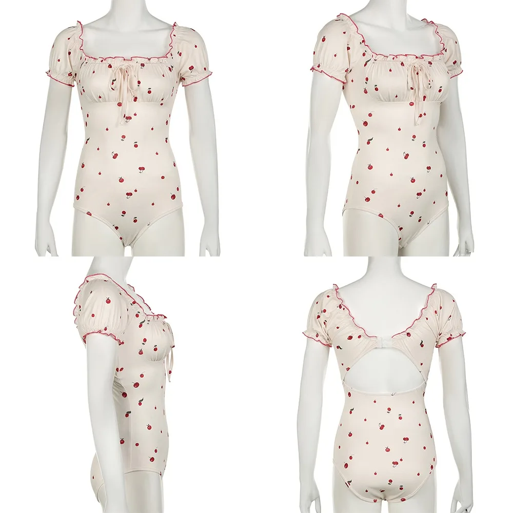Fashion White One-Piece Swimwear Cherry Print Short Sleeve Summer Bodysuit Ladies Beach Wear Pool
