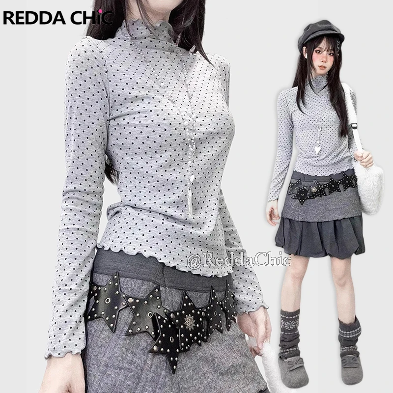 Фото REDDACHiC женская футболка в горошек в стиле гранж, винтажная осенняя тонкая футболка с воротником-стойкой и оборкой, футболка с длинными рукавами, альтернативная одежда Y2k №1