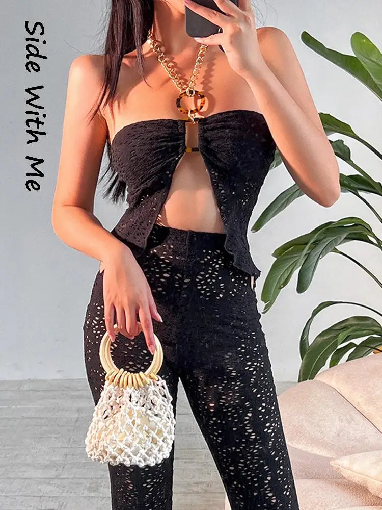 

Side with Me Knitted Sexy Bodycon Women's Pant Sets 2022 Summer Casual 2 Pieces Set for Woman with Halter Crop Top & Long Pants