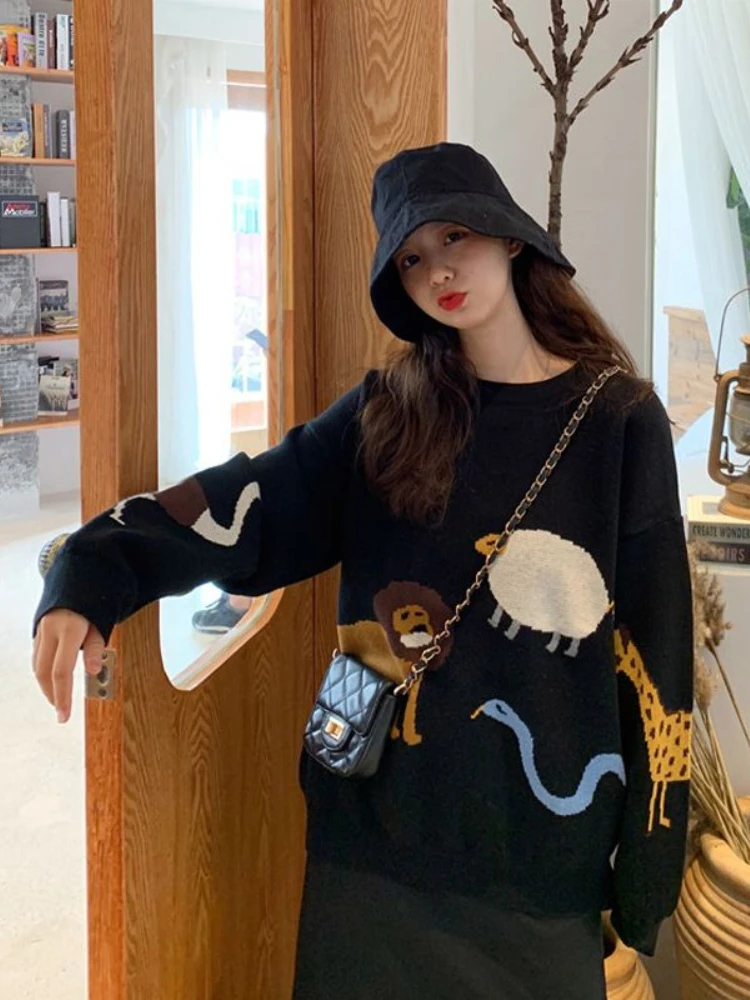 

2022 Autumn Winter Sweaters New Cartoon Jacquard Vintage Women Jumpers Japanese Casual Loose O Neck Long Sleeve Knitted Tops