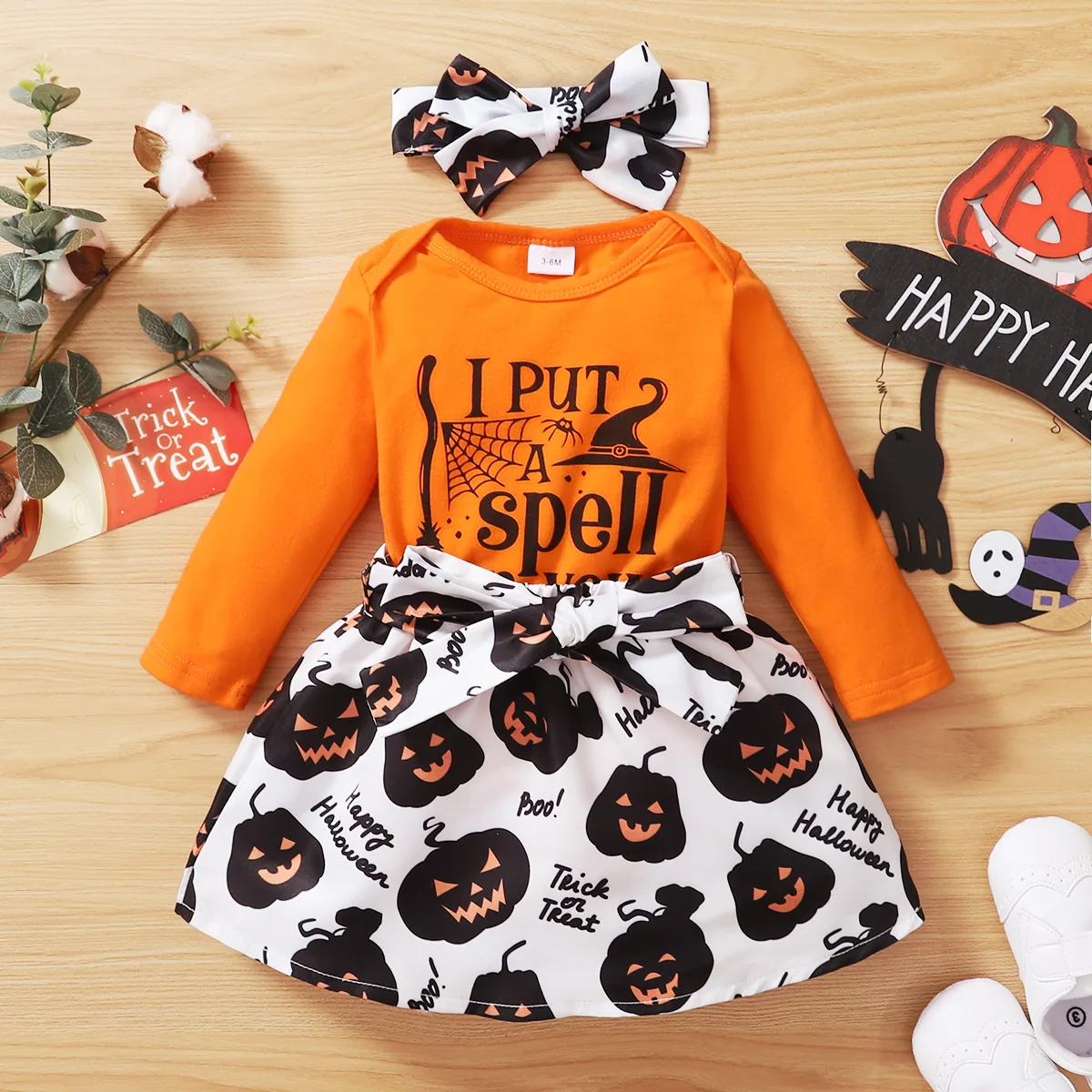 

3-24m Autumn Halloween Baby Girl Set Orange Long Sleeve Romper + Pumpkin Print Skirt 3pcs Outfit Newborn Baby Girl Clothes