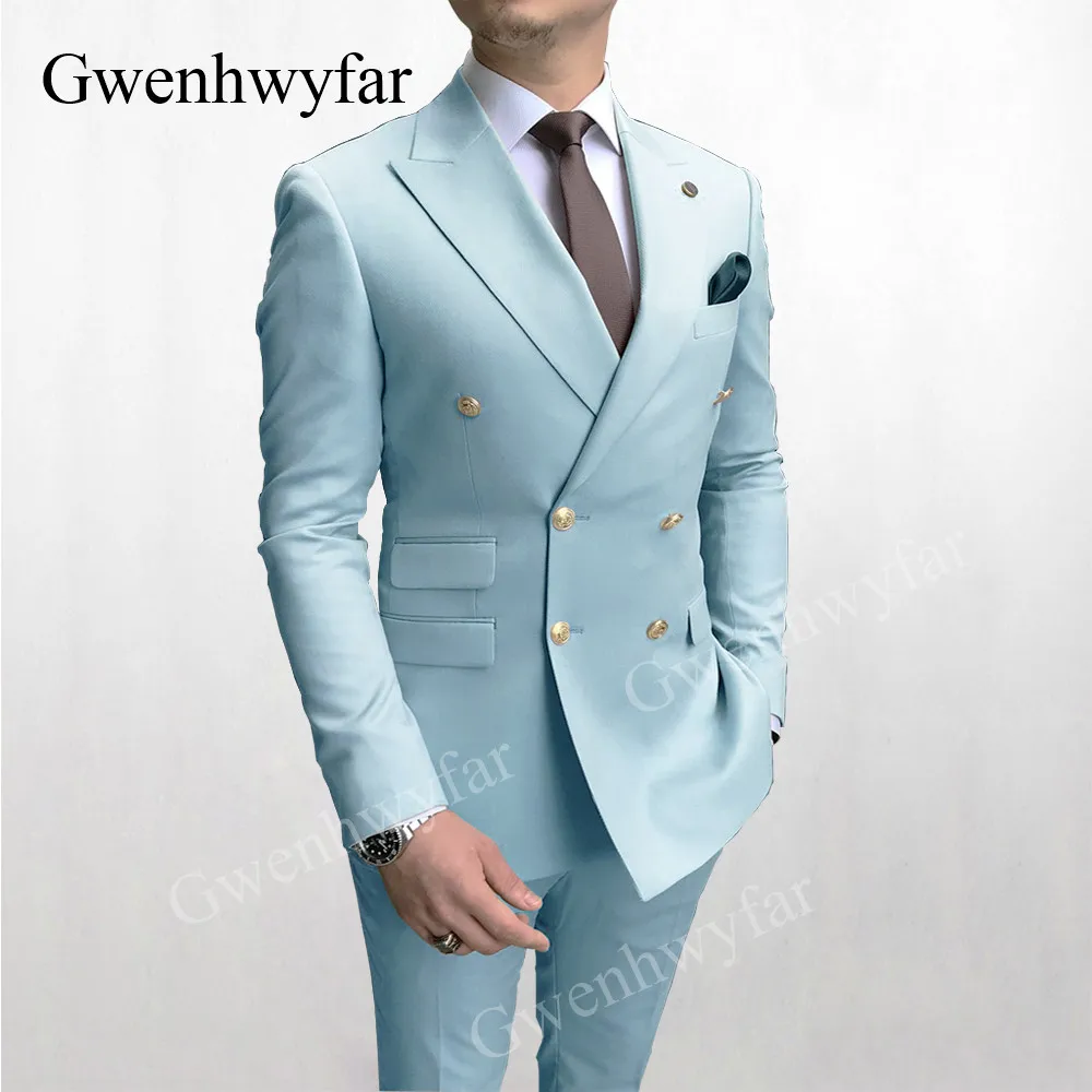 

Gwenhwyfar Sky Blue Men Suits Double Breasted 2020 Latest Design Gold Button Groom Wedding Tuxedos Best Costume Homme 2 Pieces