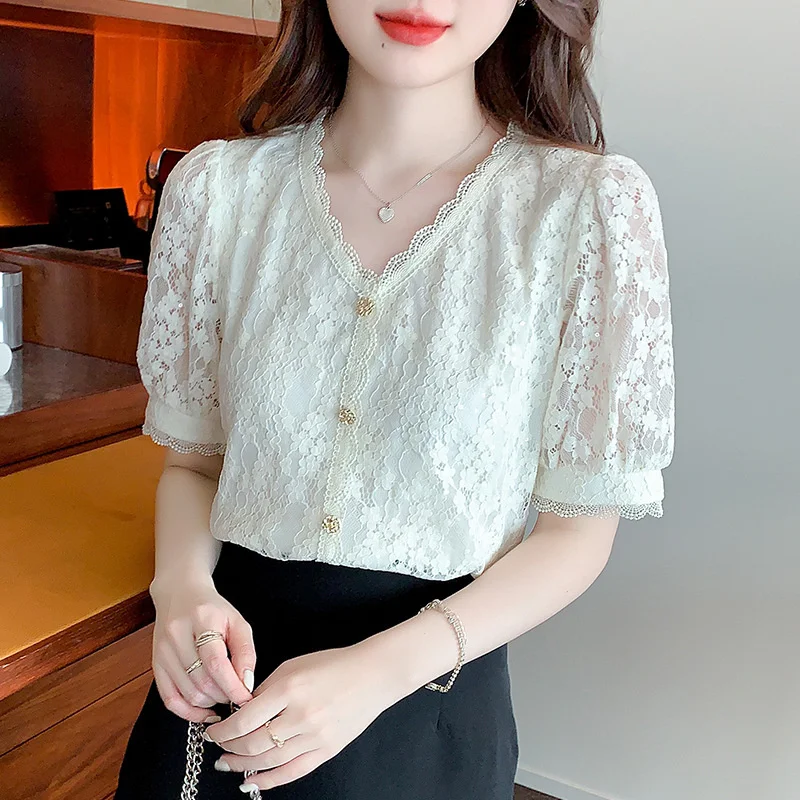 French V-neck lace shirt women's summer 2022 new design sense mesh splicing temperament top