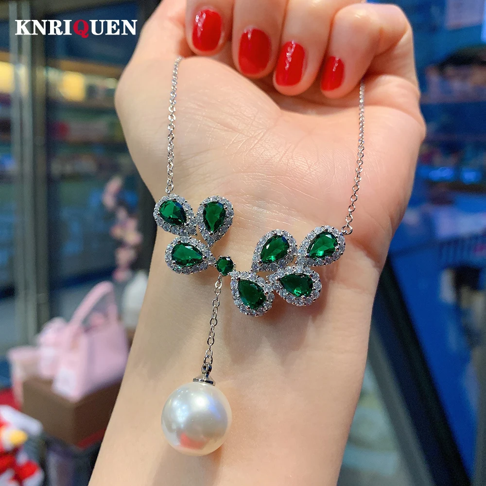 

Charms 14mm White Gold Big Pearl Emerald Ruby Pendant Necklace for Women Lab Gemstone Anniversary Gift Party Female Fine Jewelry