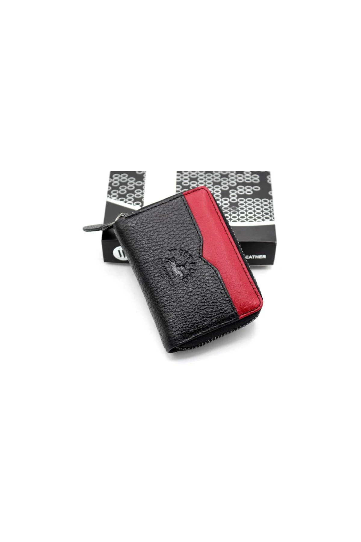 

Black Red Unisex Zipper Genuine Leather Card Wallet