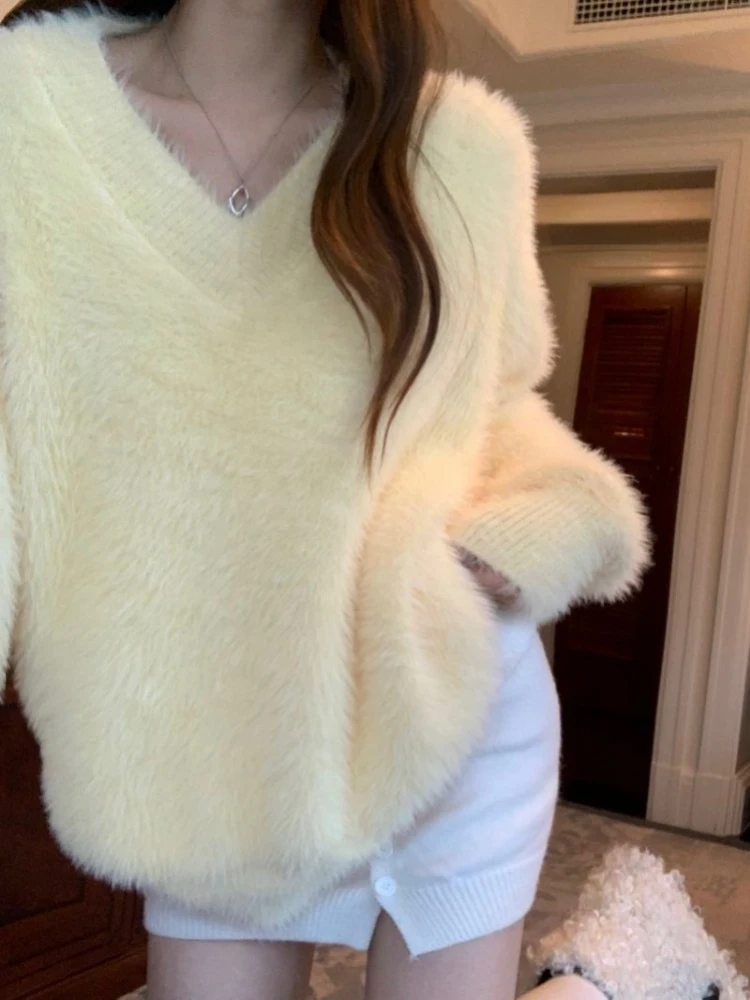 ga sweter damski jesienno-zimowy modny dekolt w serek jednolity luźny Vintage ciepły szykowny stylu francuskim dzianina