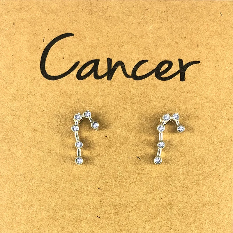 Fashion 12 Zodiac Sign Crystal Stud Earrings Gold Silver Constellation Gemini Taurus Cancer Earrings For Women Card Gift images - 6
