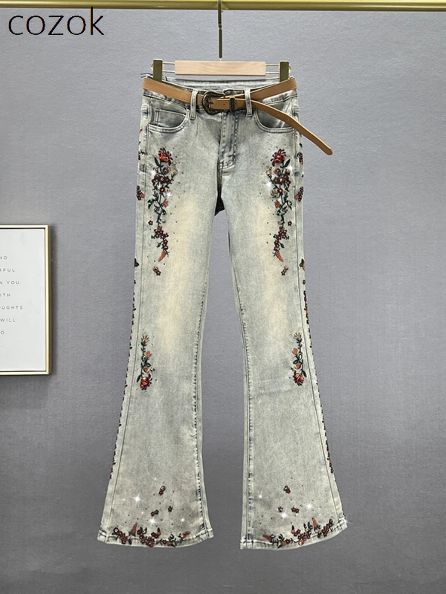

Women's Diamond Jeans 2023 Autumn Clothes New Fashion Stretch High Waist Slim-fit Retro Style Embroidered Denim Flared Pants