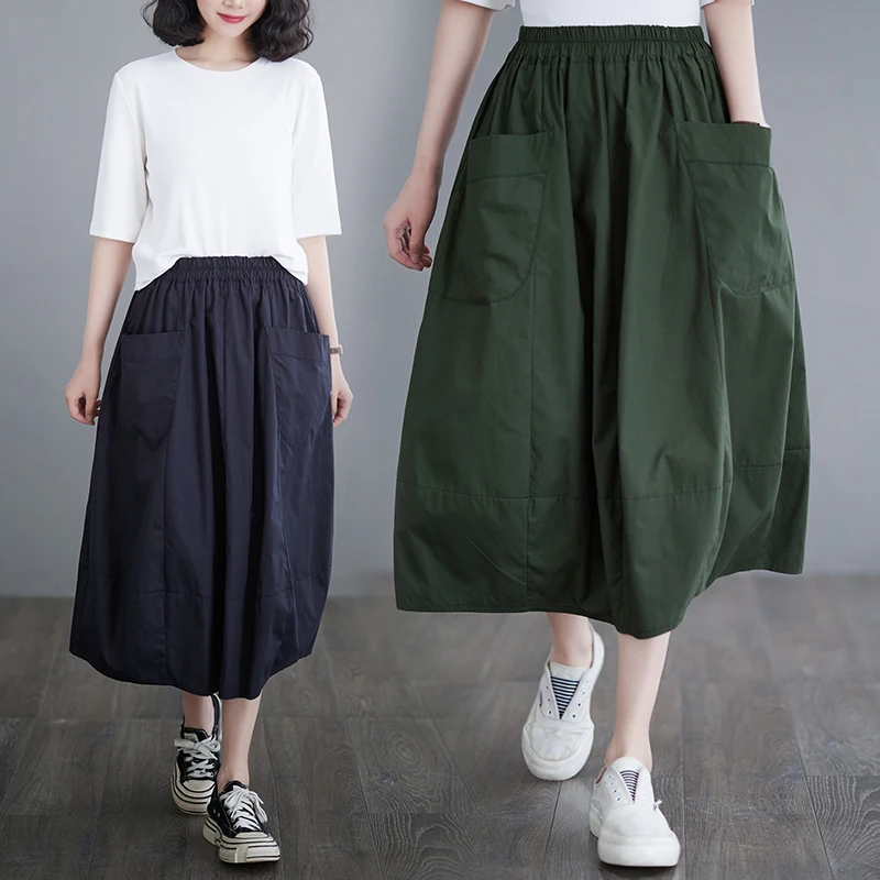 

Женская хлопковая юбка с карманами, трапециевидная юбка до середины икры с поясом на резинке, модель V522 в стиле сафари на лето, 2023