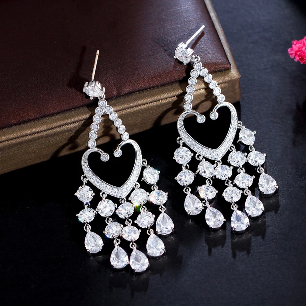 

BeaQueen Noble Long Tassel Dangle Earrings for Women Water Droplets Cubic Zircon Crystal Jewelry Bridal Wedding Accessories E560