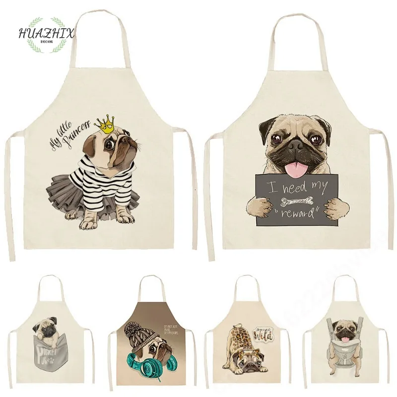 

Cute Dog Pug Printed Apron Cotton Linen Sleeveless Kitchen Aprons Women Home Cooking Baking Waist Bib Pinafore Chef Delantales