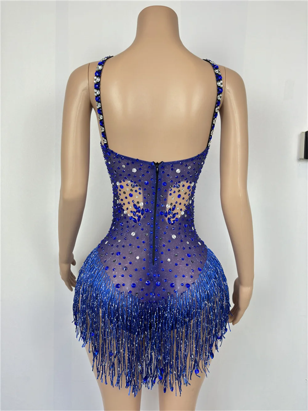 Синее боди с блестящими стразами и кисточками женское сексуальное сетчатое