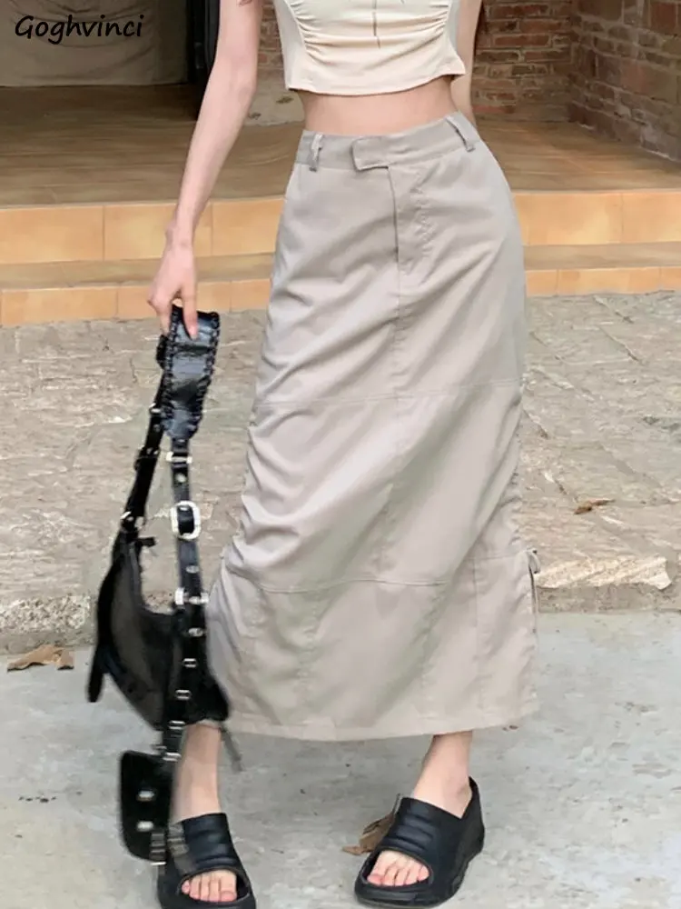 Юбка женская однотонная с разрезом сбоку, модная универсальная свободная уличная одежда в стиле сафари, Повседневная летняя до щиколотки, Ulzzang Юбка женская однотонная с разрезом сбоку, модная универсальная свободная уличная одежда в стиле сафари, Повседневная летняя до щиколотки, Ulzzang