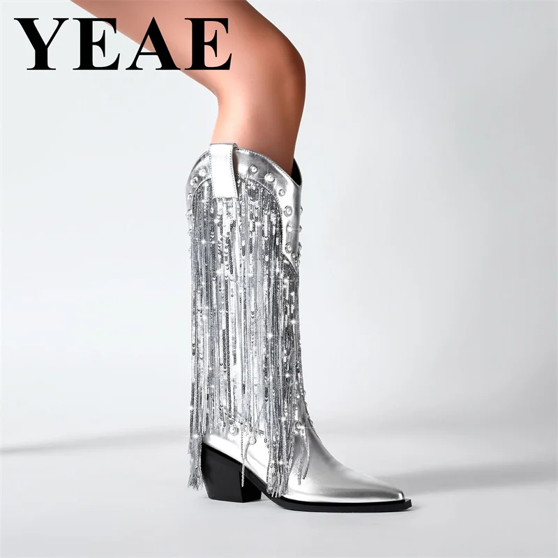 Модные женские Серебристые сапоги до колена с блестками повседневная обувь без