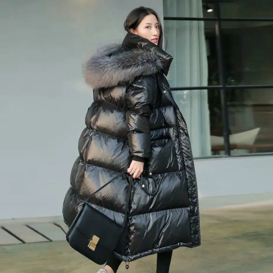 

Real raccoon fur collar Down Jacket Women's 2022 Winter New Loose Long Down Coat Black Warm Thick Hooded Parkas Overcoat Female