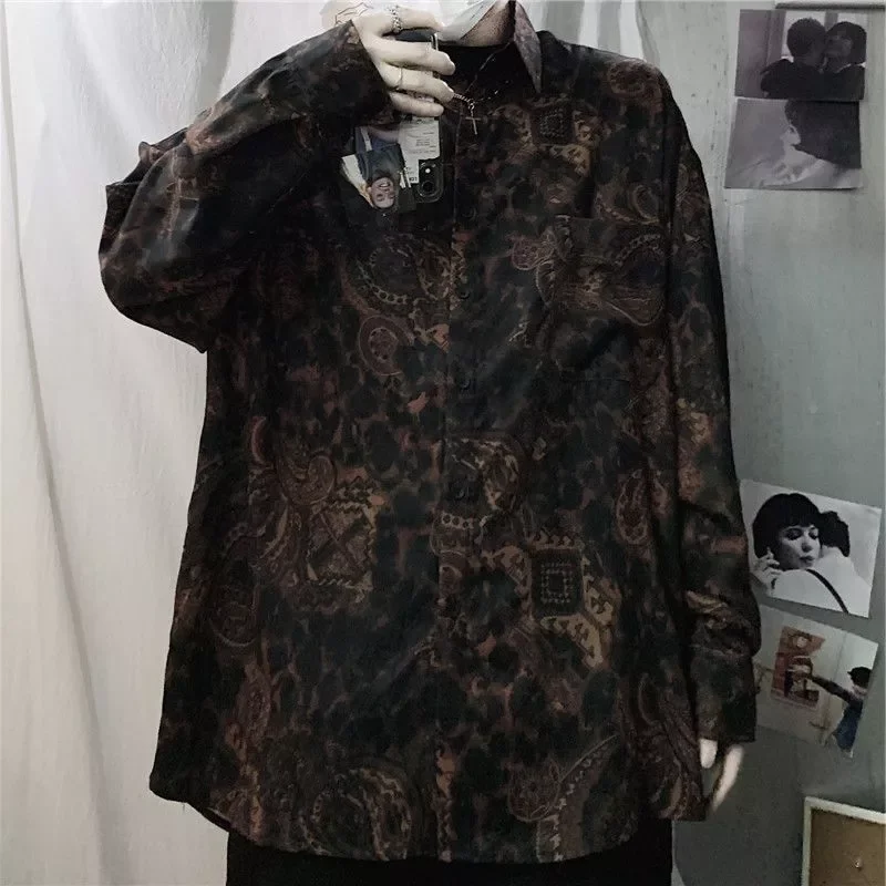 

2021 spring autumn long-sleeved shirt Korean vintage Hong Kong style dark abstinence cashew flower print loose jacket men women