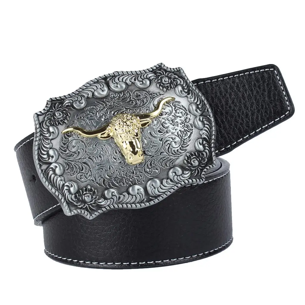 

Mens Western Leather Cowboy Belt Vintage Metal Buckle Waist Strap Men's Accessories