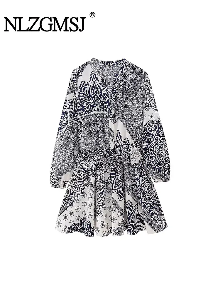 

Nlzgmsj TRAF Print Shirt Dress Women Pleated Mini Women Dresses Long Sleeve Boho Autumn Dress 2023 Dress Woman