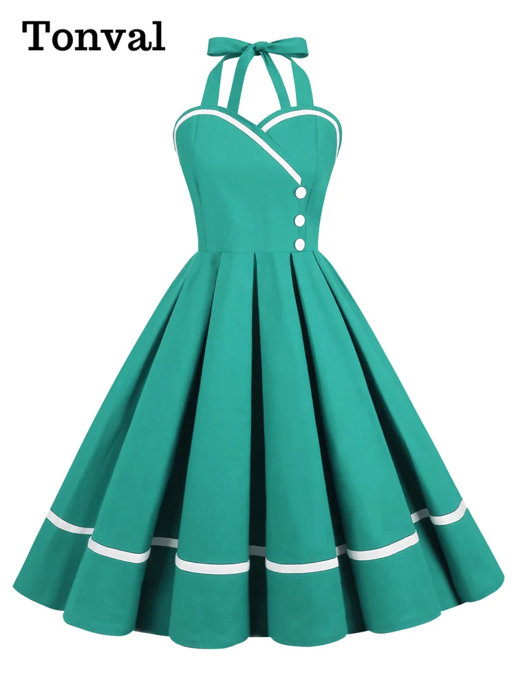 Женское винтажное плиссированное платье Tonval, облегающее Хлопковое платье в стиле 50-х годов с открытой спиной и пуговицами спереди