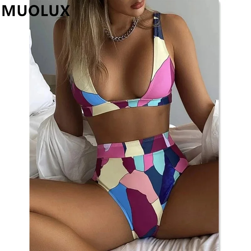 

Bikini 2022 Summer Multiply Color Women Swimsuit Patchwork Style High Waist Monokini Deep V-neck Beachwear Ladies Bathing Suit