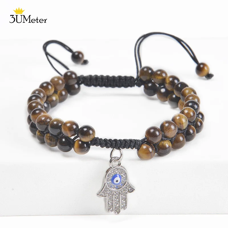 

3UMeter Turkish Lucky Evil Eye Bracelet Hamsa Hand Fatima Natural Stone Beads Bracelet Tiger Eye Lava Stone Bangle Women Jewelry