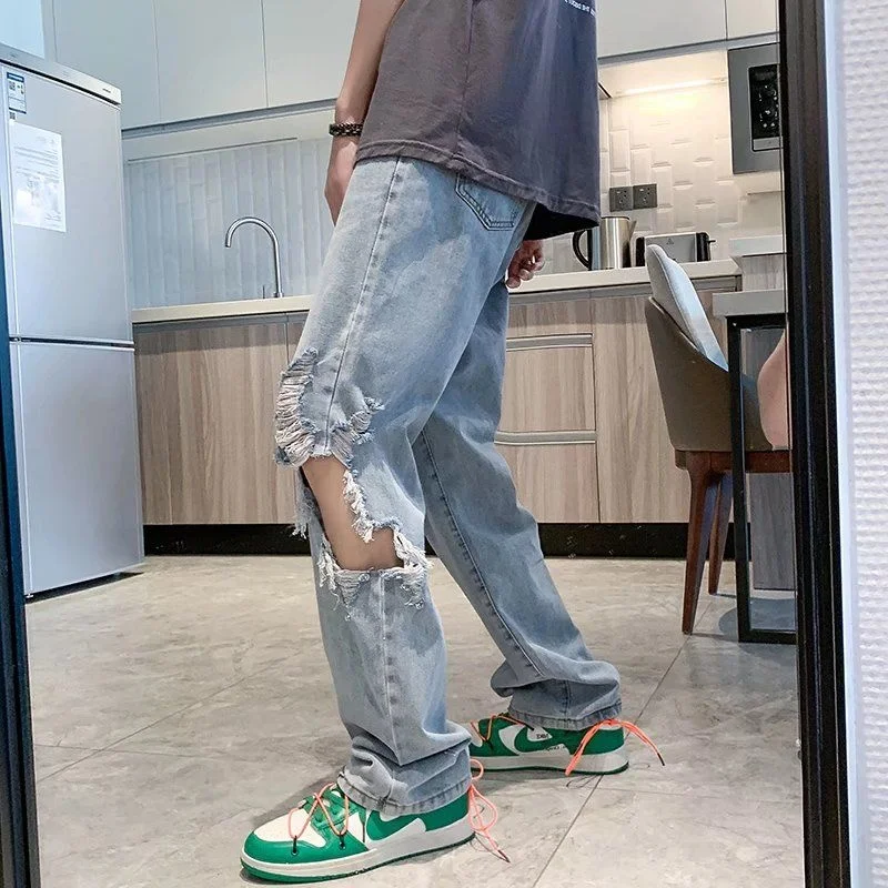 Summer Blue Ripped Jeans Men Fashion Casual Baggy Straight Jeans Men Streetwear Loose Hip Hop Hole Denim Pants Mens Trousers