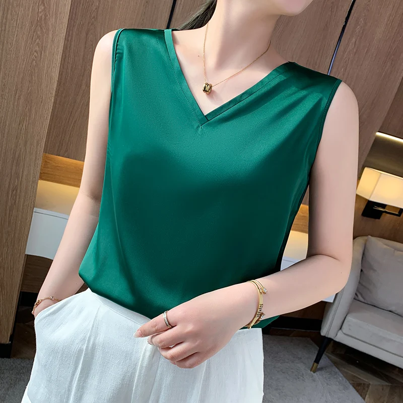 Майка женская с V-образным вырезом Элегантная модная базовая белая атласная