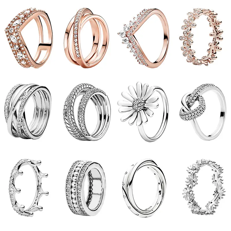 

New Arrival 100% 925 Sterling Silver Daisy Tiara Crown Sparkling Love Heart Rings for Women Brand Jewelry Anniversary Gift