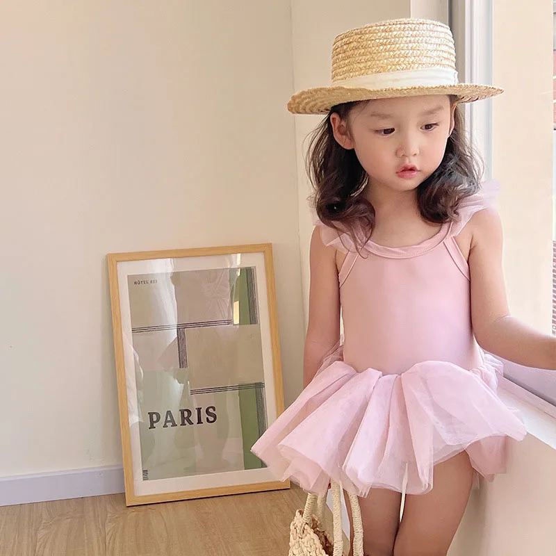 

Summer Girls Swimsuit Princess Style Pink Yarn Dress One Piece Swimwear Kids Vacation Beach Swimwear