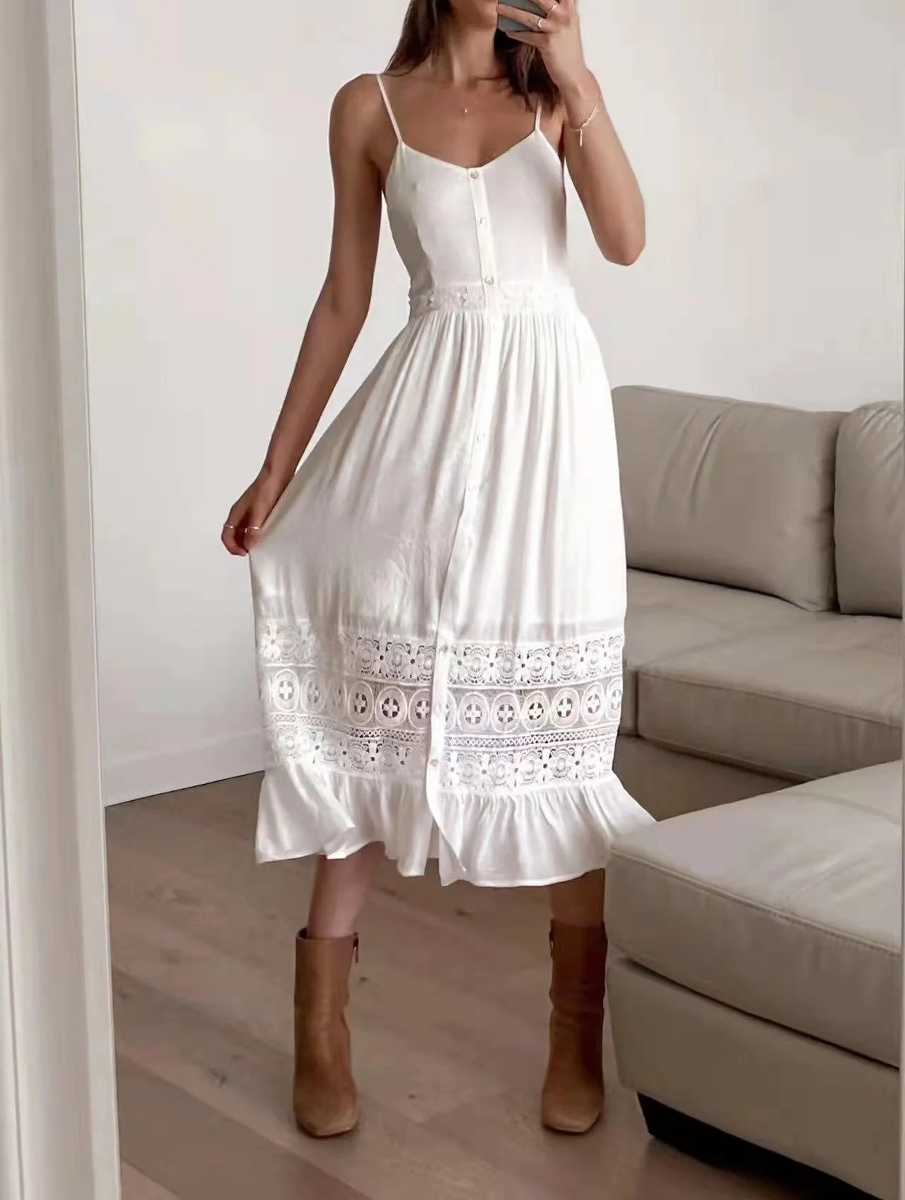 

2022 Summer Single Breasted Lace Streetwear Backless Strip V-Neck White Cotton Beach Long Sun Dresses