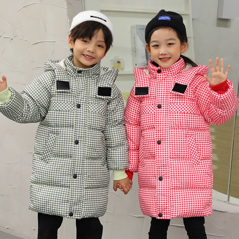 

New children's mid length thickened warm baby down jacket winter casual parka boys plaid toddler girl kids clothes snow clothing