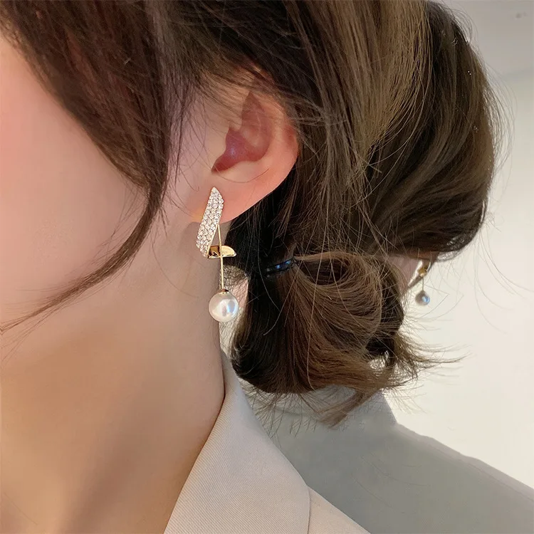 

JP31 S925 silver needle geometric diamond pearl earrings fashion design sense simple personality trendy earrings net red