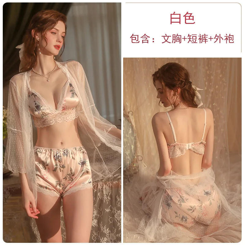 Sexy three-point private room pajamas mesh perspective temptation cardigan robe home service suit women linegrie sleepwear