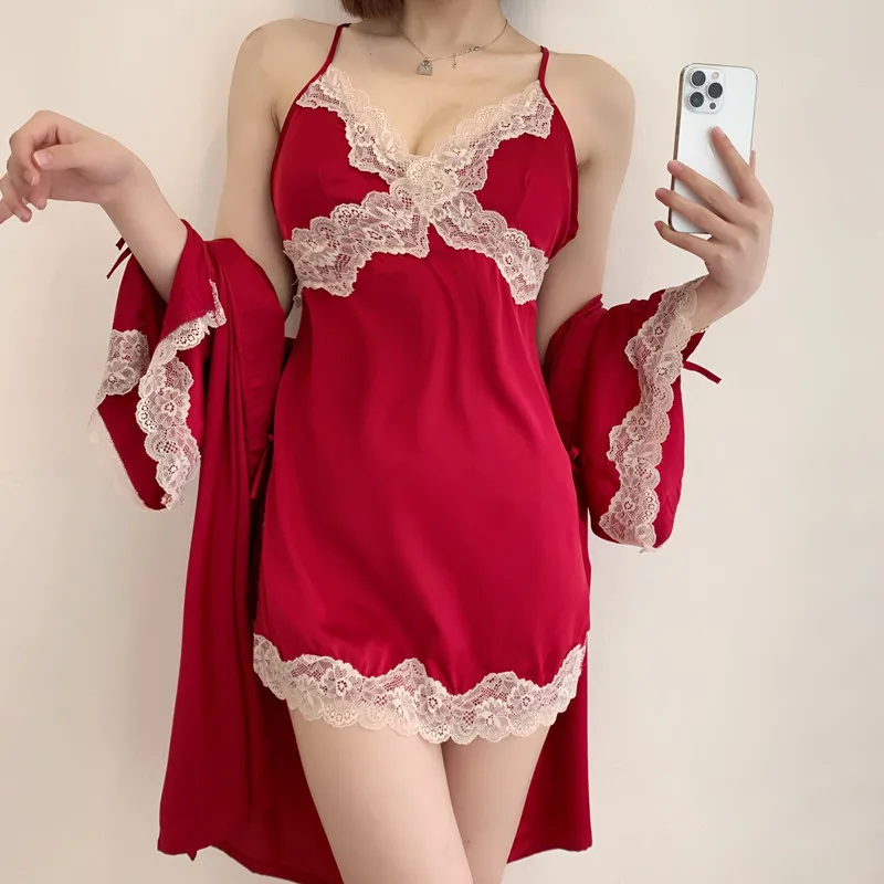 

Burgundy Wedding Robe Set Nightgown Sexy Lace Trim Kimono Bathrobe Gown Summer Women Sleepwear Nightdress Loose Satin Home Wear