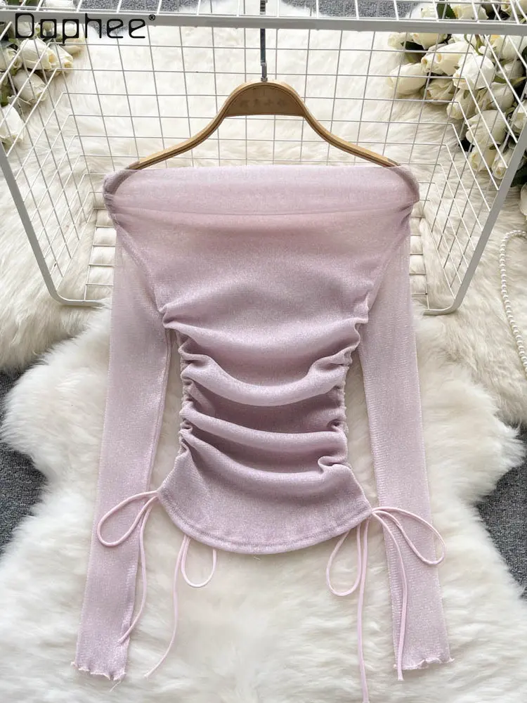

Sexy Woman Drawstring Ruffle Off-Shoulder Light Purple Bottoming Shirt Women's Autumn New Creative Long Sleeve Lace Tops 2022