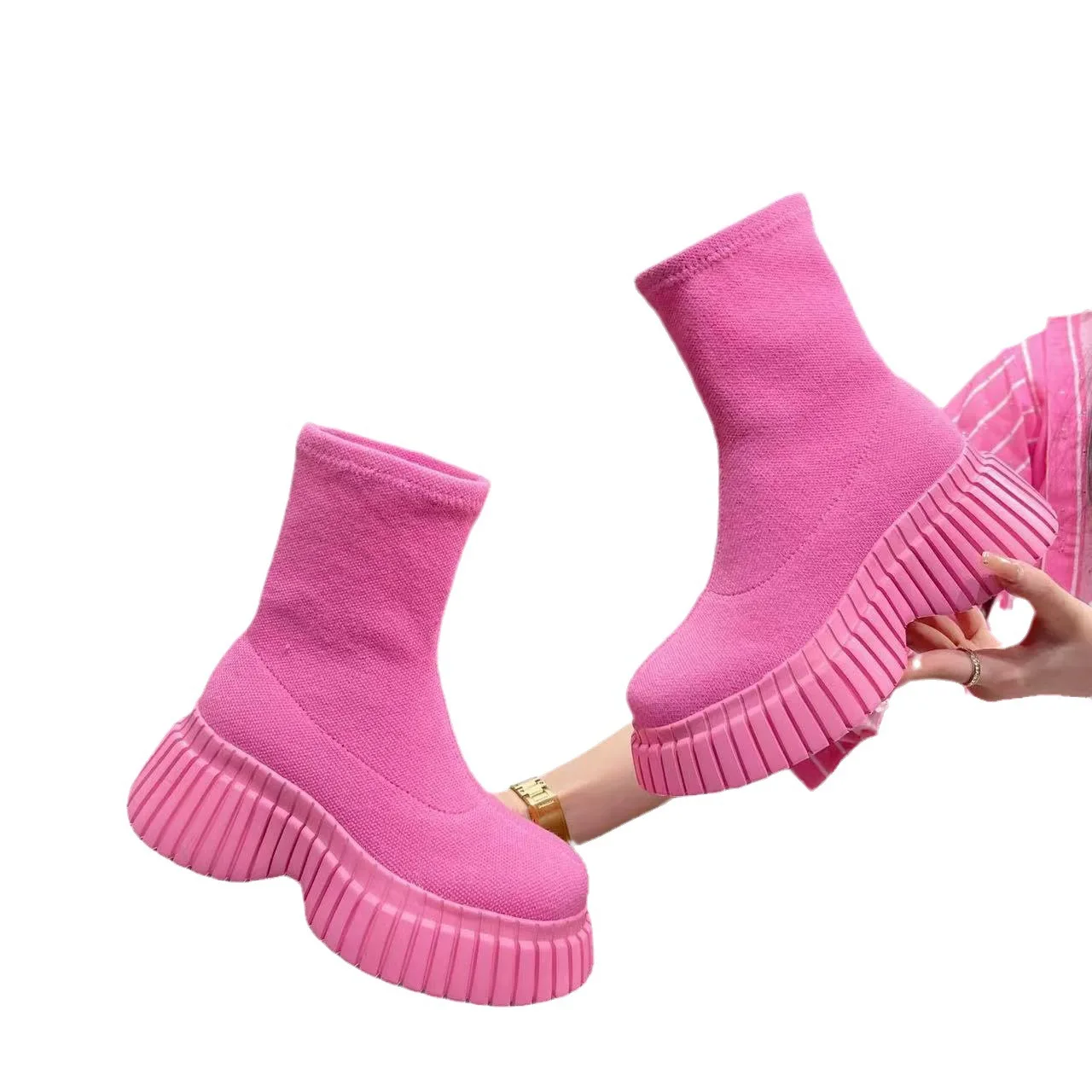 Женские вязаные короткие ботинки повседневные ботильоны на толстой подошве