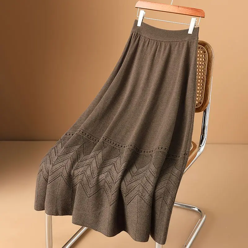 

Women Spring Autumn Hollow Out Elegant Office Skirts Loose A-Line Skirt for Women High Elastic Waist Mid-length Skirts T391